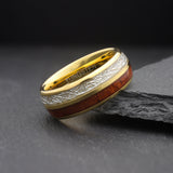 Apache. Mens Gold Tungsten Ring with Wood & Meteorite Inlay