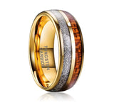 Apache. Mens Gold Tungsten Ring with Wood & Meteorite Inlay