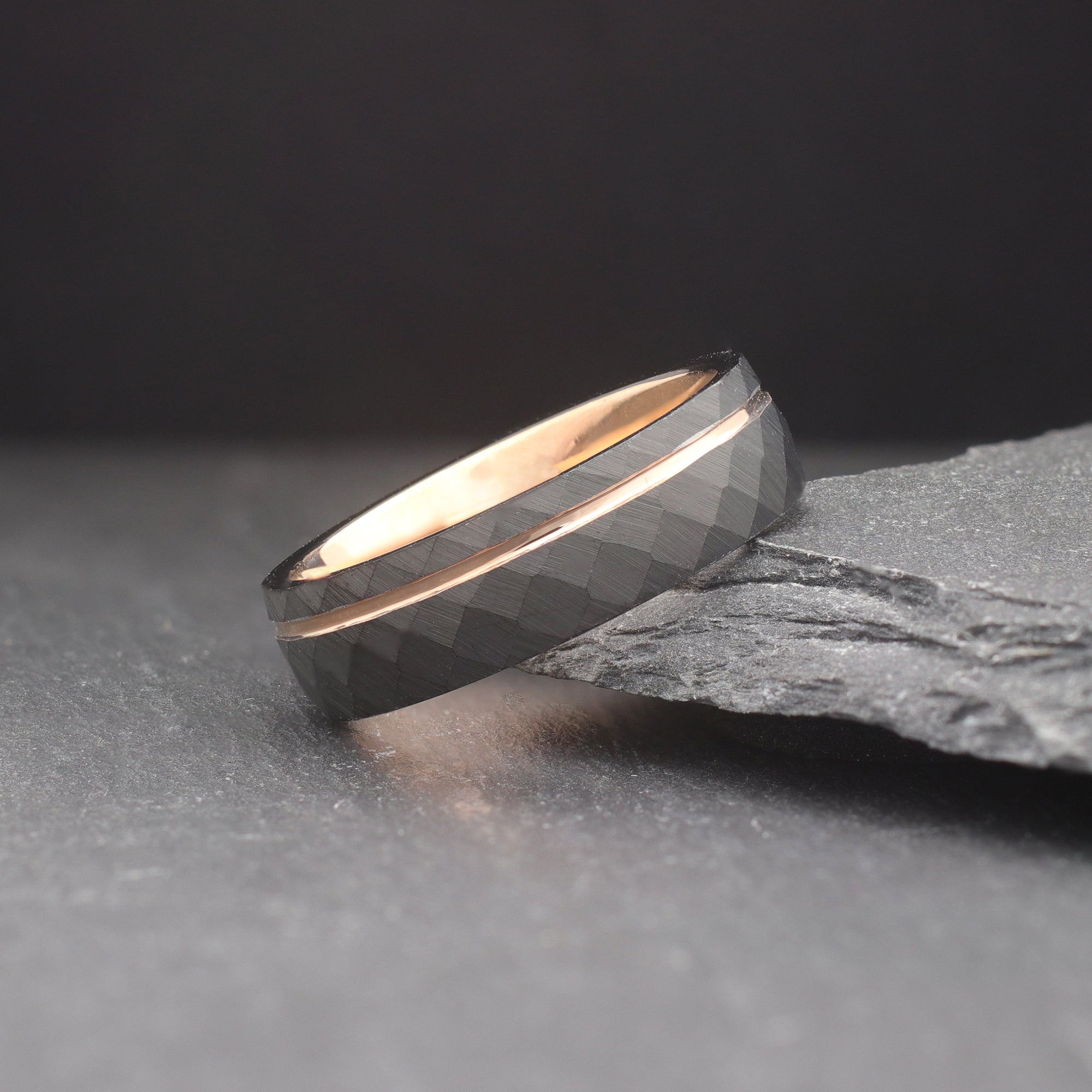 Baller. Mens Black and Rose Gold Multi Faceted Wedding Band