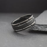 Block. Black Tungsten Ring With Bevelled Brick Pattern