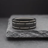 Block. Black Tungsten Ring With Bevelled Brick Pattern