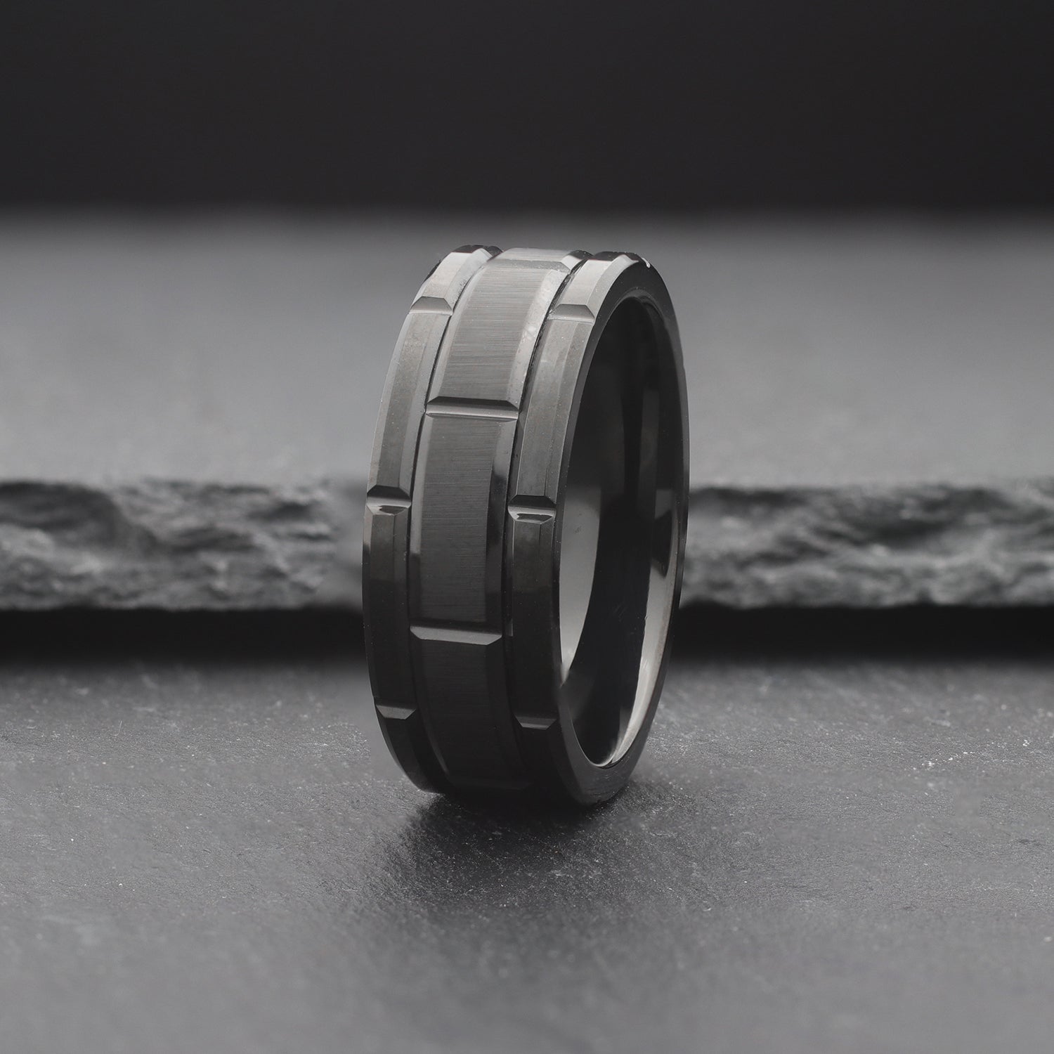 Block. Black Tungsten Ring With Bevelled Brick Pattern