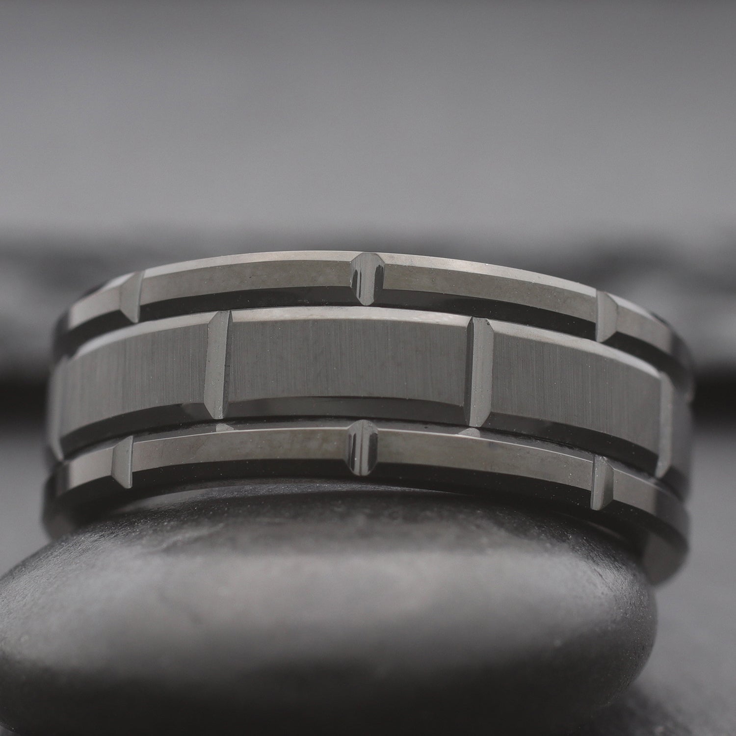 Block. Black Tungsten Ring With Bevelled Brick Pattern