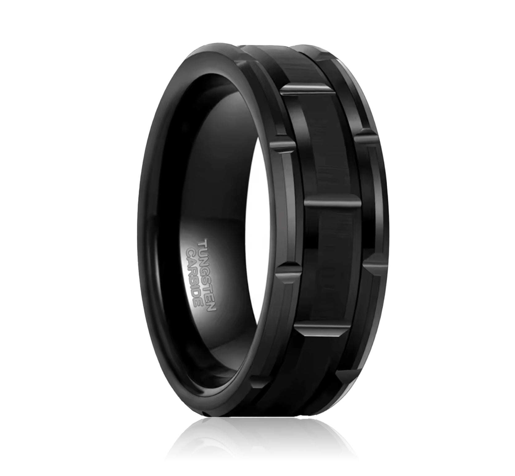 Block. Black Tungsten Ring With Bevelled Brick Pattern