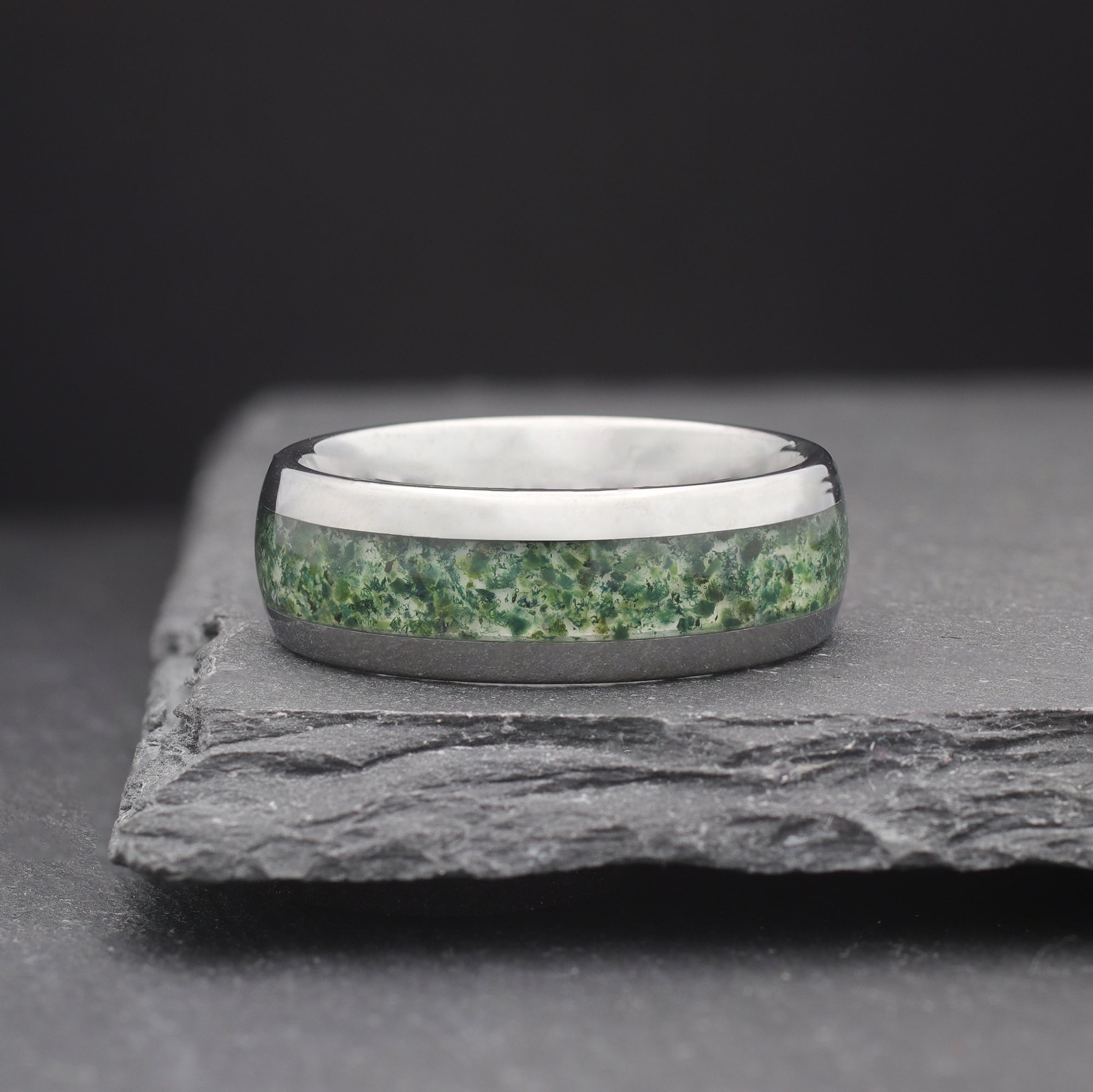 Moss - Silver Tungsten & Moss Agate Wedding Ring