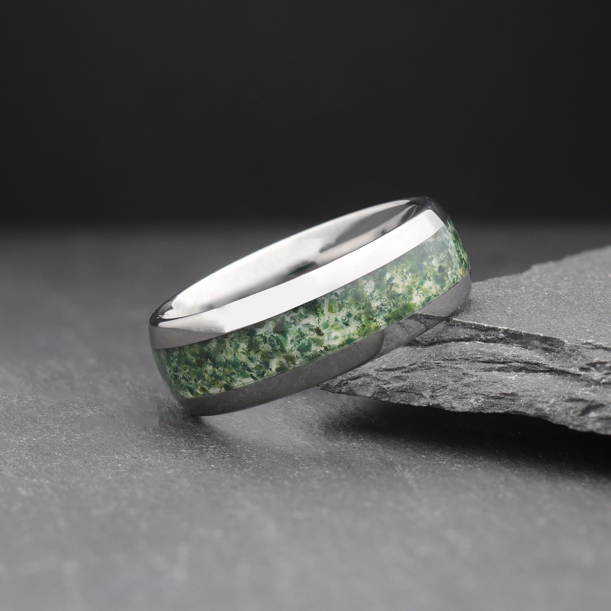 Moss - Silver Tungsten & Moss Agate Wedding Ring