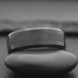 Onyx. Black Tungsten Wedding Band With Black Stripe