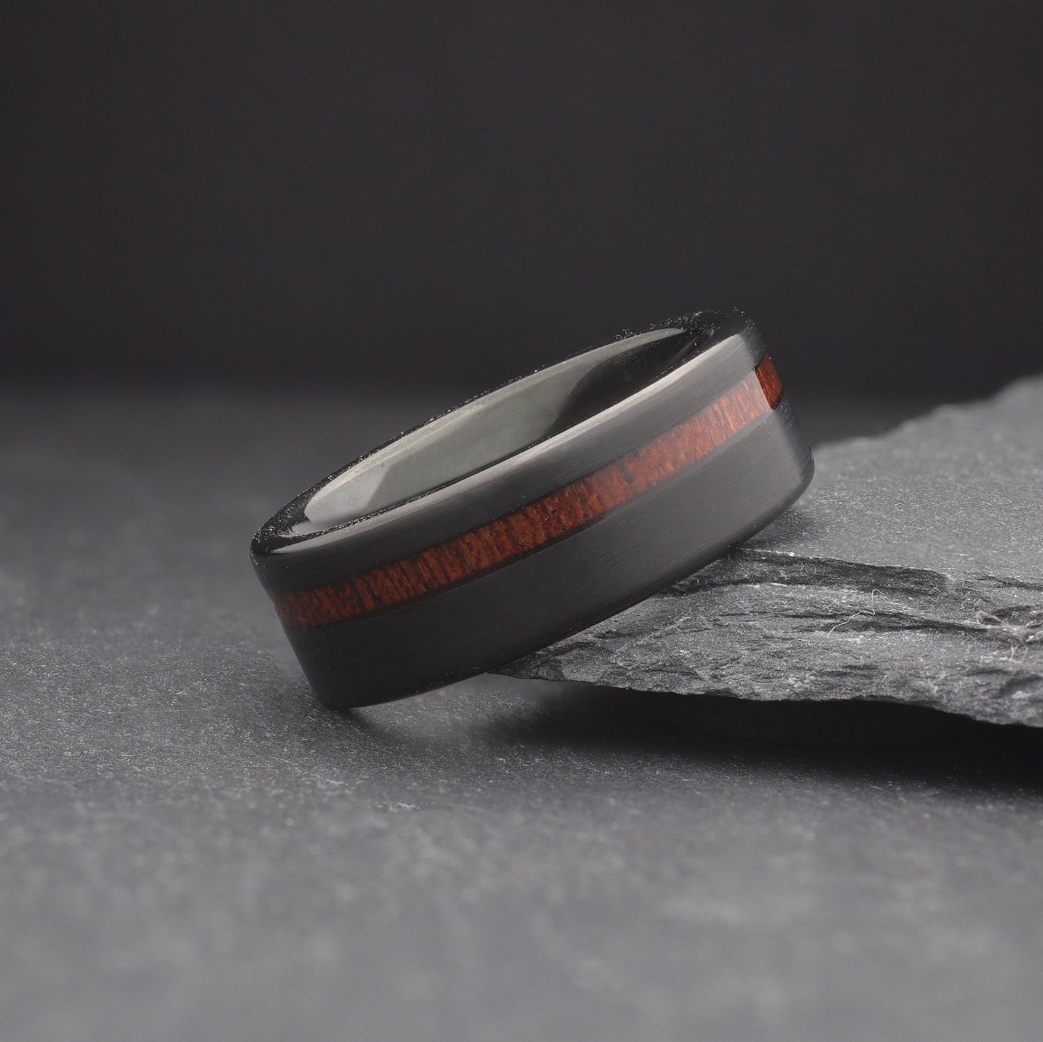 Forged. Mens Black Wedding Band with Whiskey Barrel Inlay