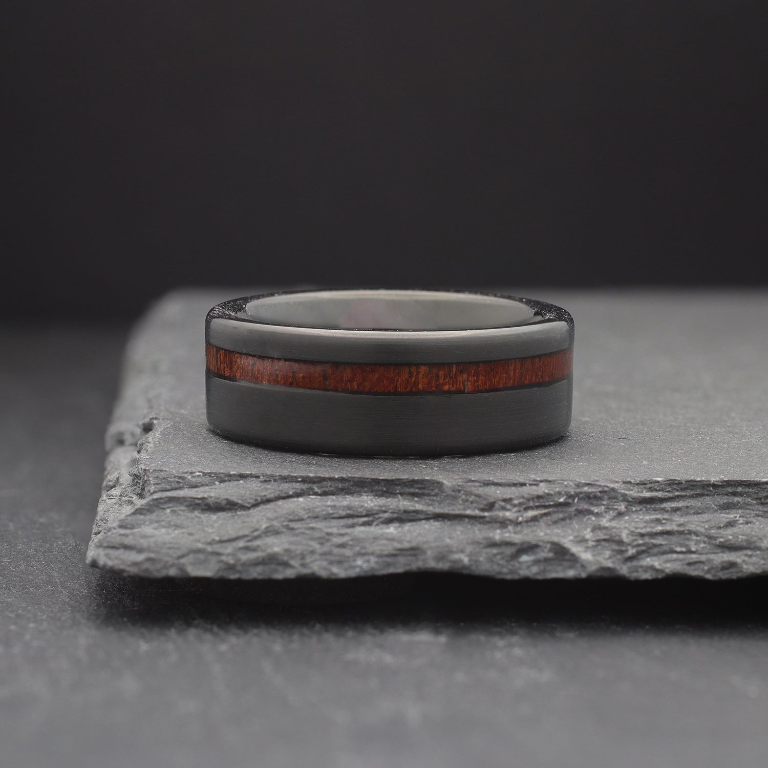 Forged. Mens Black Wedding Band with Whiskey Barrel Inlay