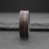 Forged. Mens Black Wedding Band with Whiskey Barrel Inlay