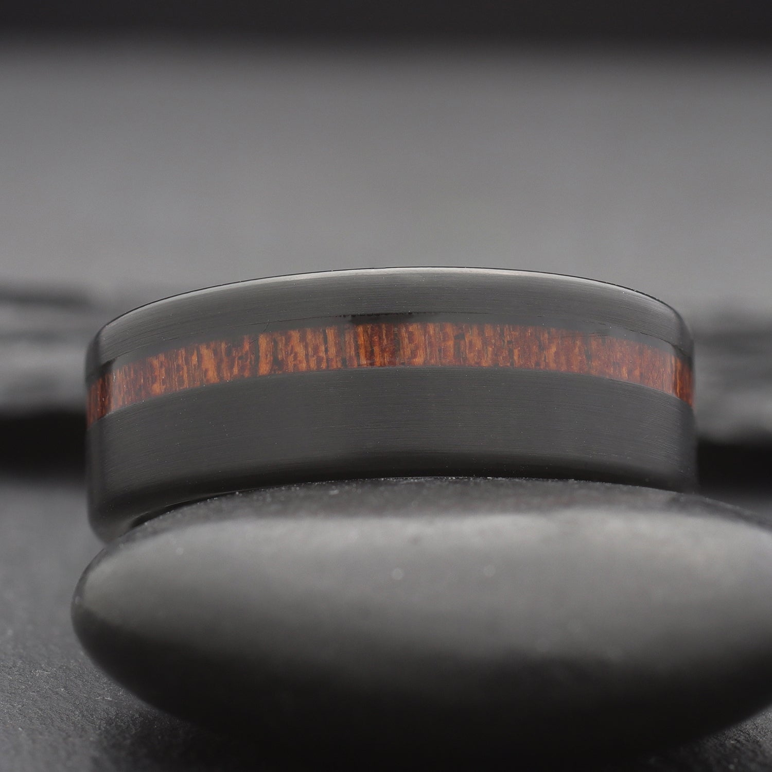 Forged. Mens Black Wedding Band with Whiskey Barrel Inlay