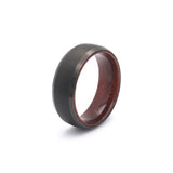 mens black tungsten wedding ring with beveled sides and a recycled maple wood sleeve side view