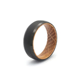 tungsten and oak wood mens wedding ring with beveled sides side view