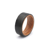 whiskey barrel and tungsten mens wedding ring with groove side view