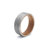 hammered silver tungsten and oak wood mens wedding ring side view