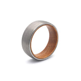 mens brushed silver tungsten wedding ring with whiskey barrel wood sleeve